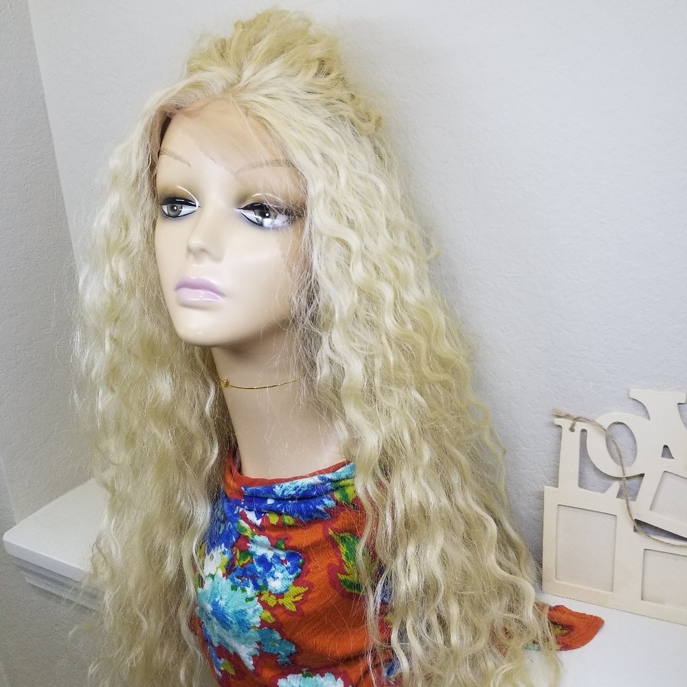 Long blond curly lace front wig Human hair Mix